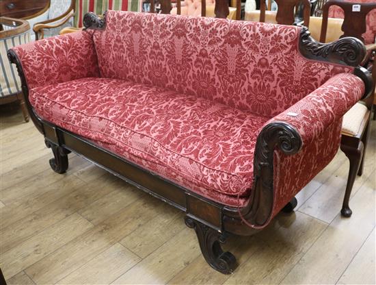 A William IV scroll end upholstered settee W.210cm